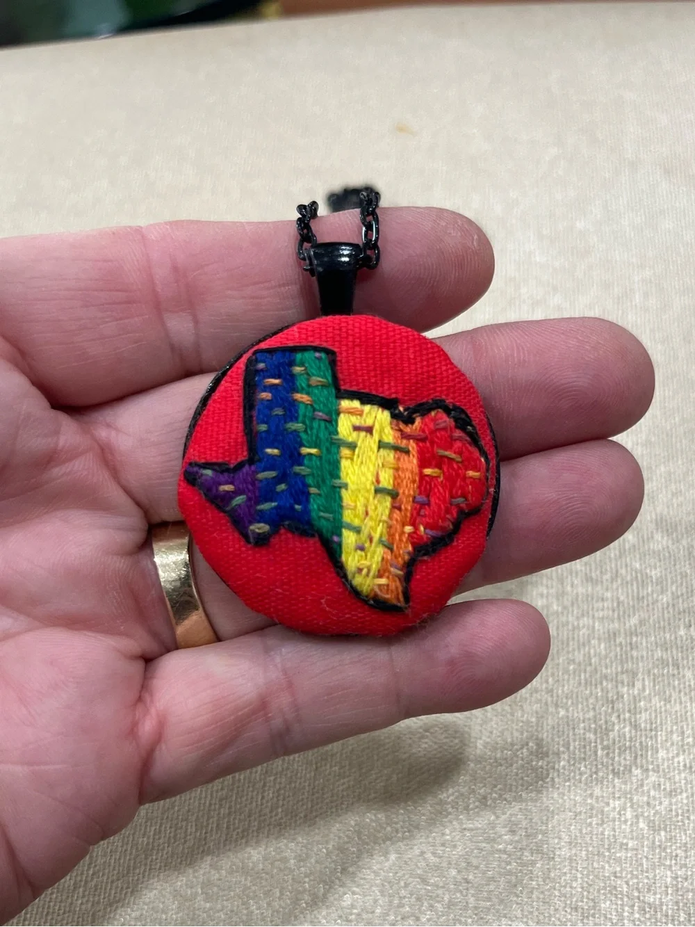 Pride LGBTQ+ rainbow Texas hand embroidered pendant and necklace
